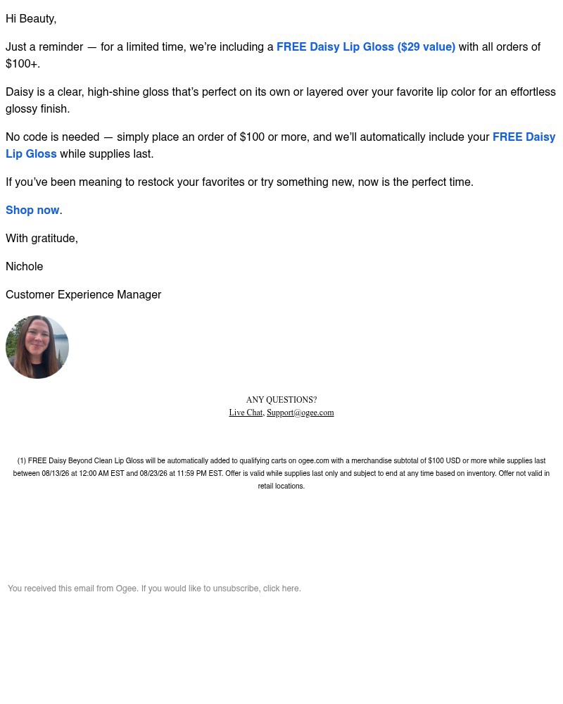Screenshot of email sent to a Ogee Newsletter subscriber