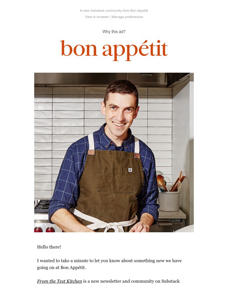 Screenshot of email sent to a Bon Appétit Newsletter subscriber