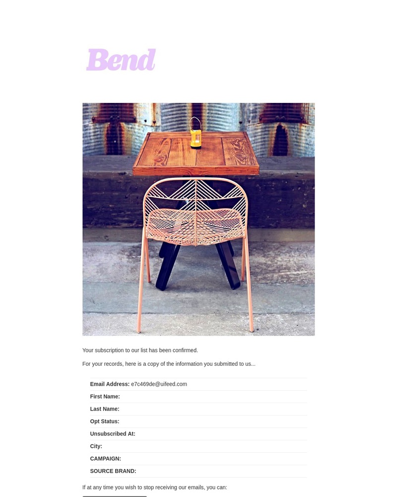 Screenshot of email sent to a Bend Newsletter subscriber