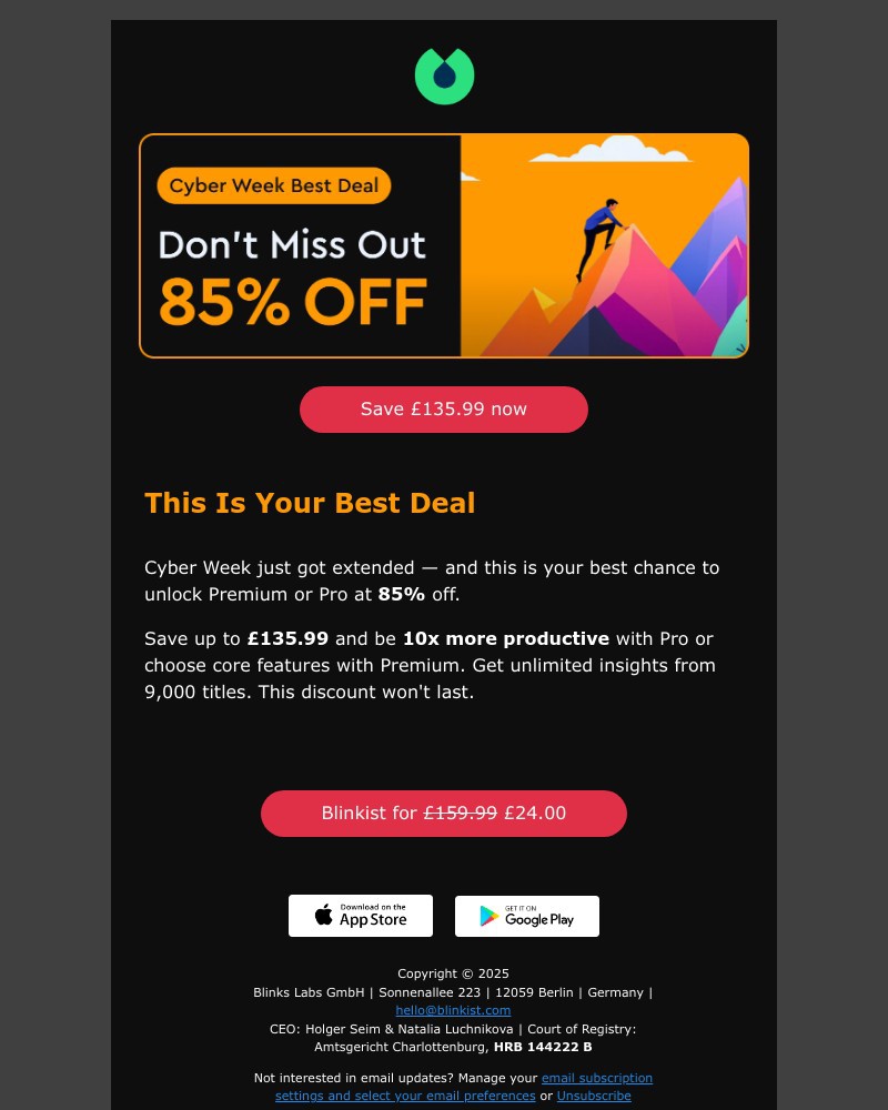 Screenshot of email sent to a Blinkist Registered user