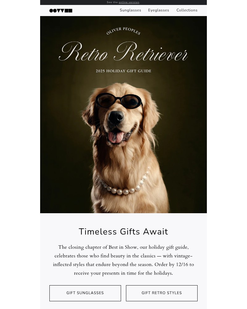 Screenshot of email sent to a Oliver Peoples Newsletter subscriber