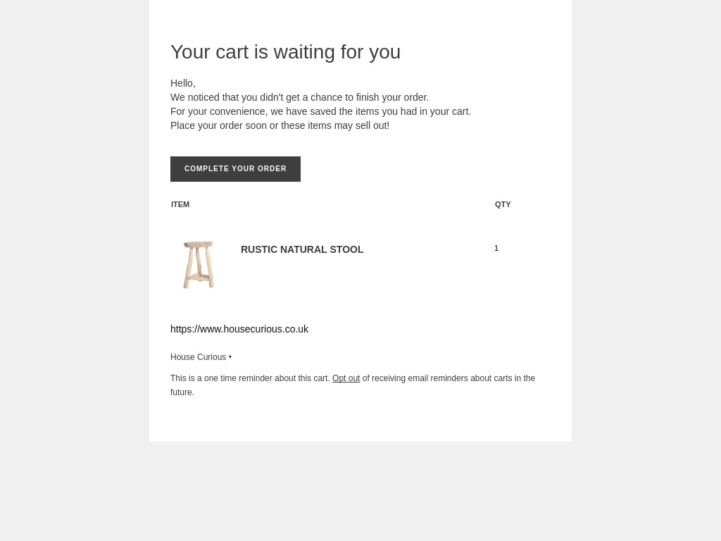 Screenshot of email sent to a House Curious Cart abandoner