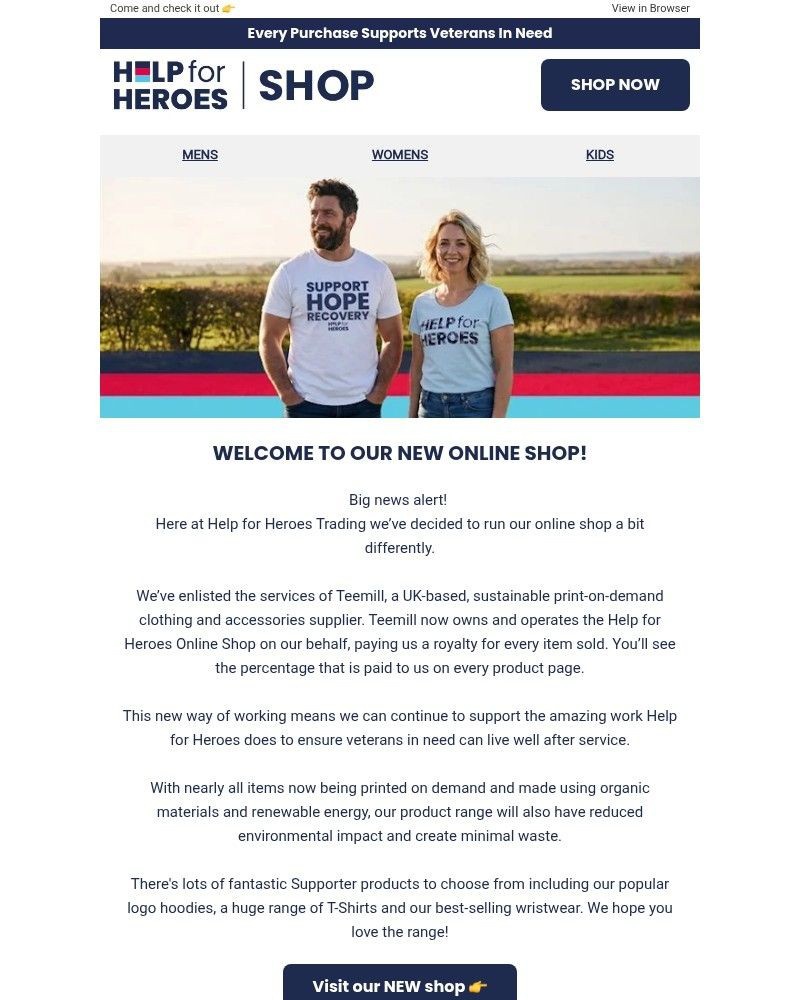 Screenshot of email sent to a Help for Heroes Newsletter subscriber