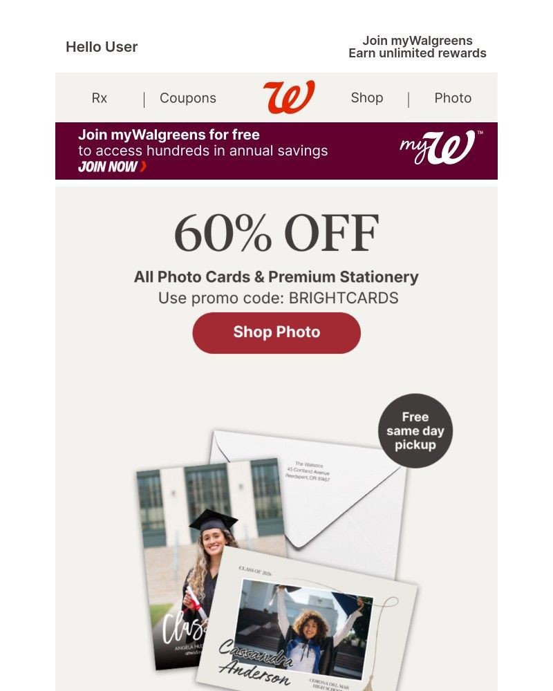 Screenshot of email sent to a Walgreens Registered user