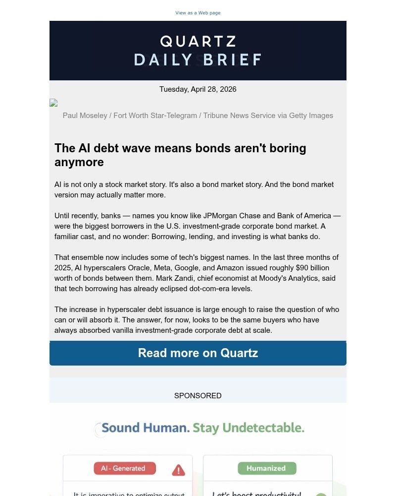 Screenshot of email sent to a Quartz Newsletter subscriber