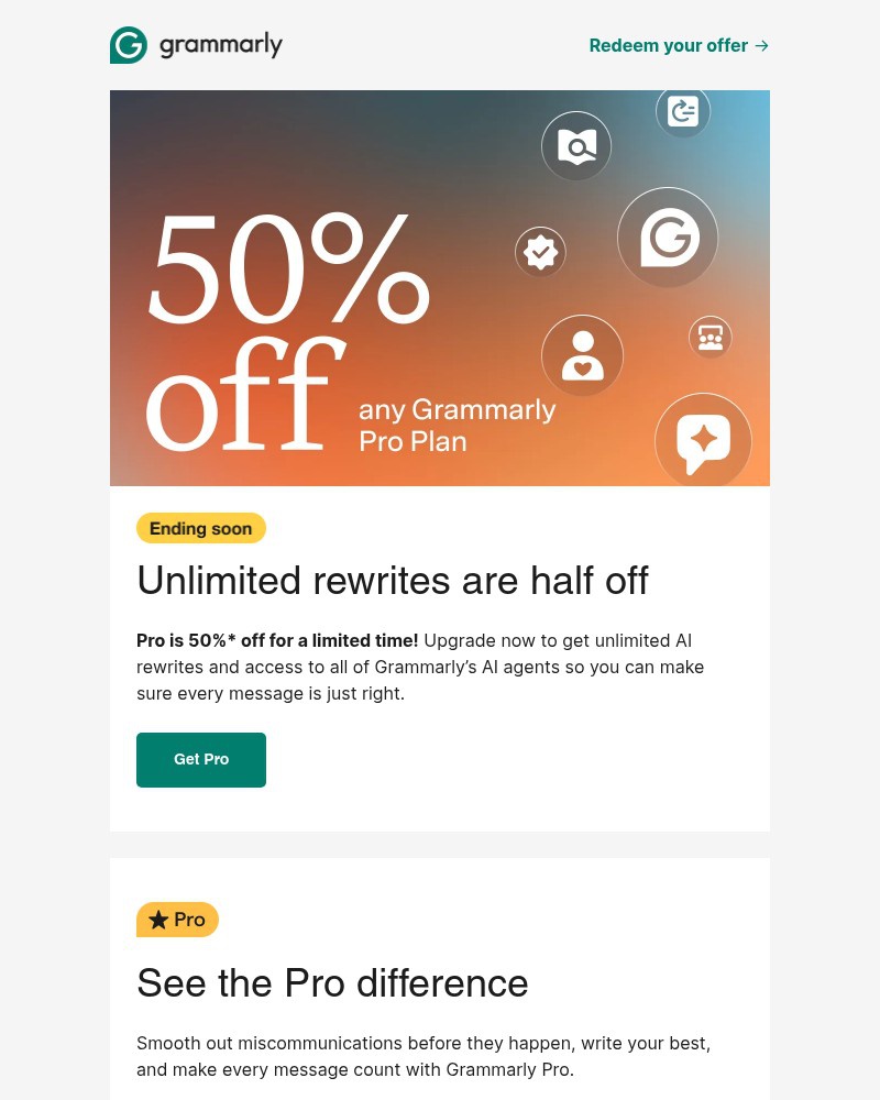 Screenshot of email sent to a Grammarly Registered user