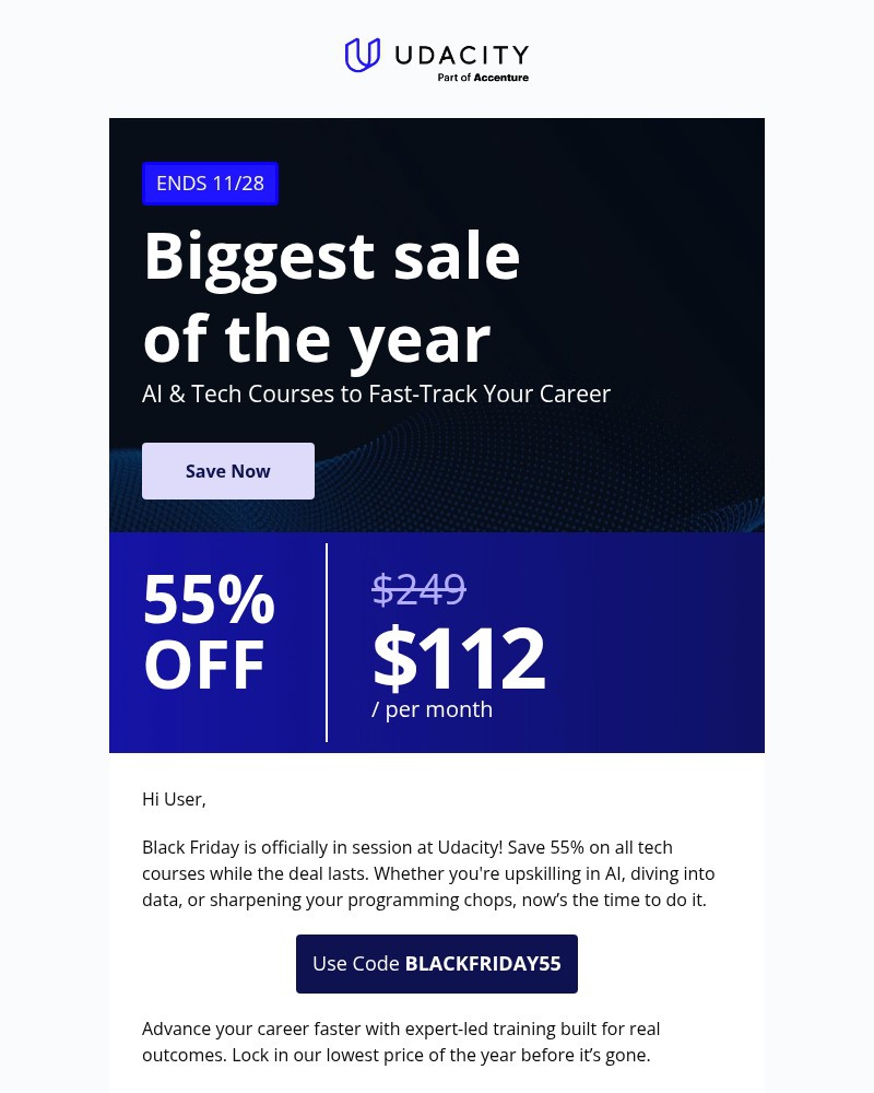 Screenshot of email sent to a Udacity Registered user