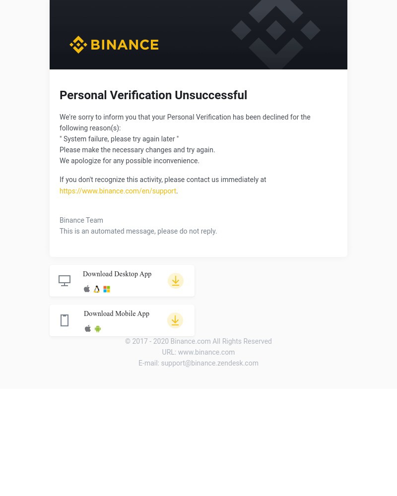 Screenshot of email sent to a Binance Registered user