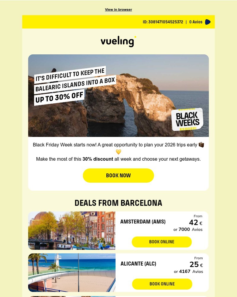 Screenshot of email sent to a Vueling Registered user