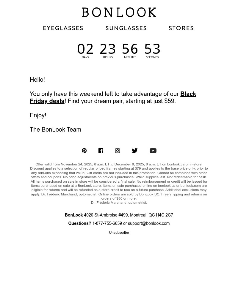 Screenshot of email sent to a Bonlook Newsletter subscriber