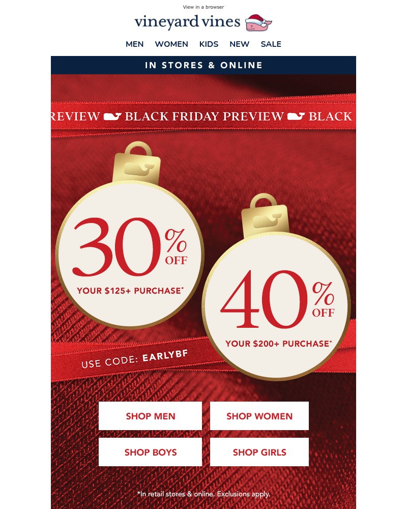 Screenshot of email sent to a Vineyard Vines Newsletter subscriber