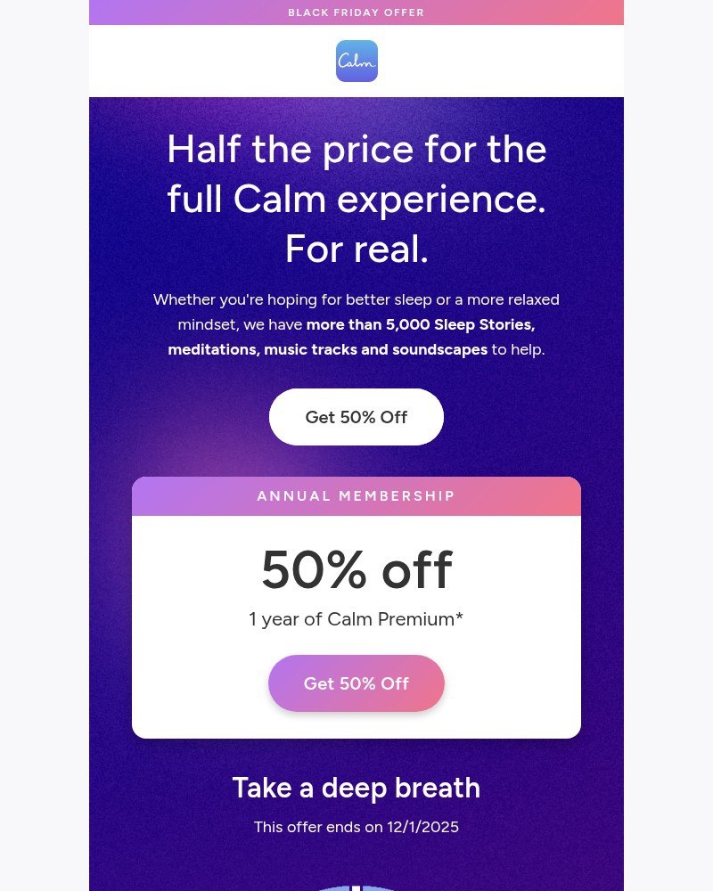 Screenshot of email sent to a Calm Registered user