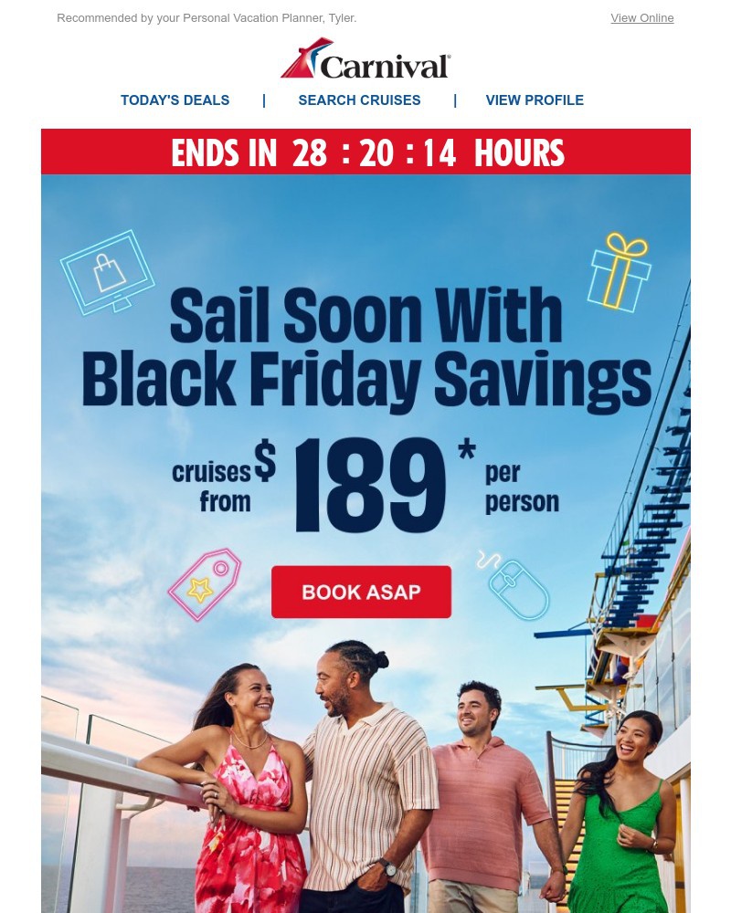 Screenshot of email sent to a Carnival Cruise Line Registered user