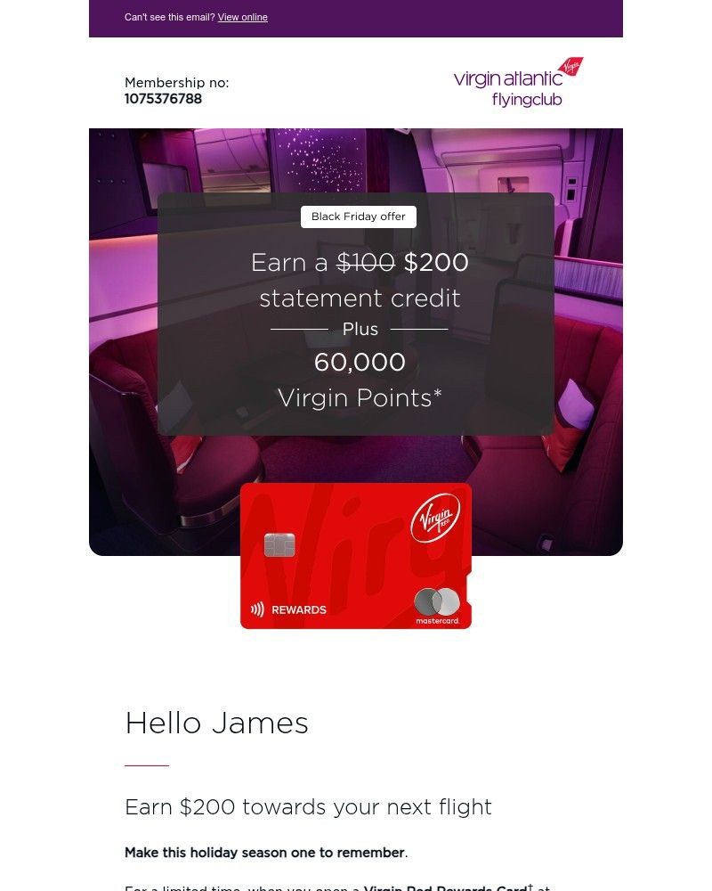 Screenshot of email sent to a Virgin Atlantic Registered user
