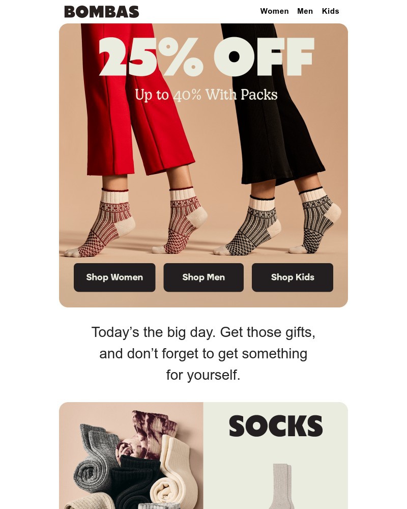 Screenshot of email sent to a Bombas Newsletter subscriber