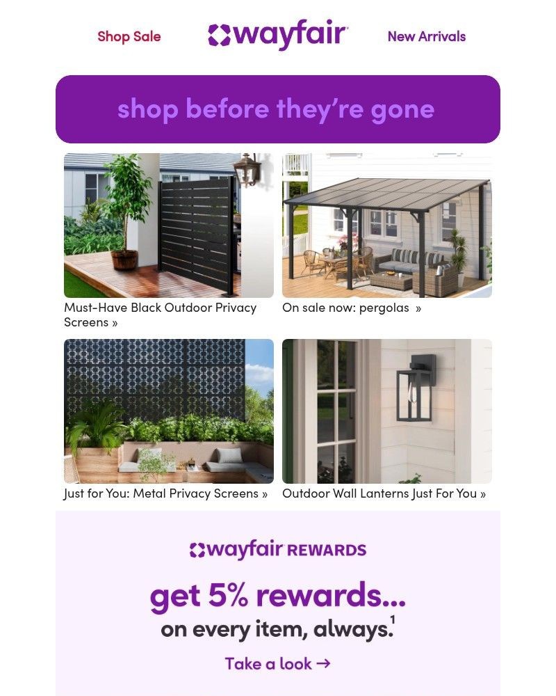 Screenshot of email sent to a Wayfair Newsletter subscriber