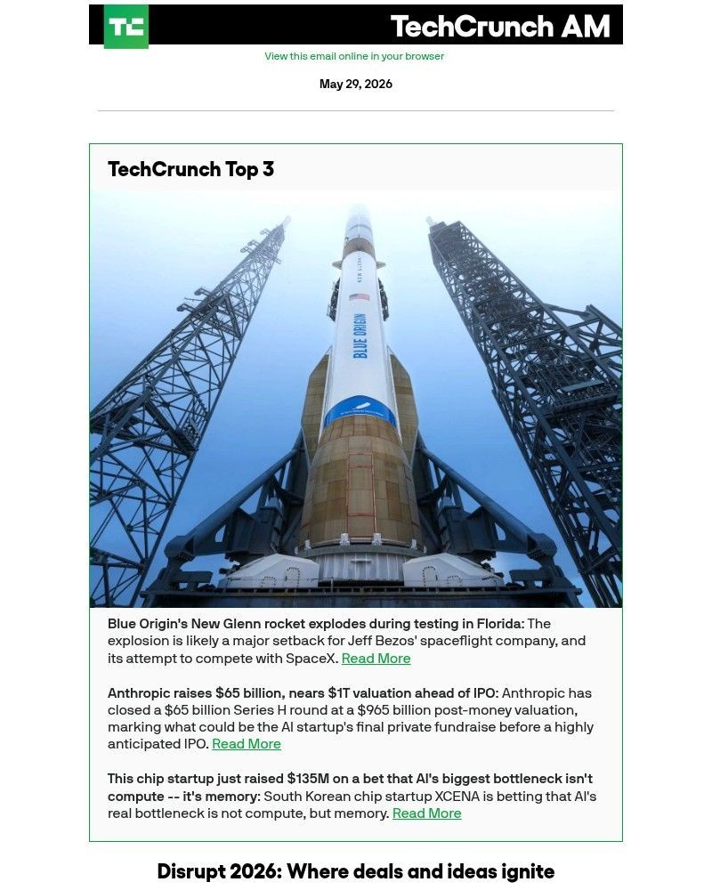 Screenshot of email sent to a Techcrunch Newsletter subscriber