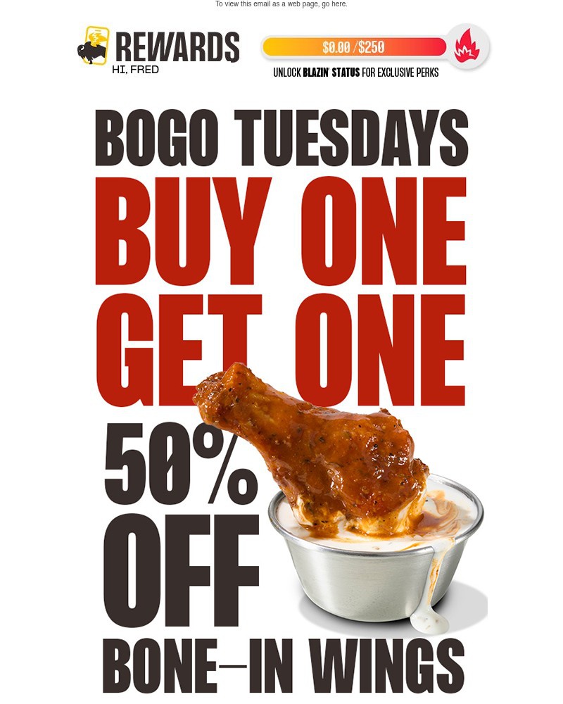 Screenshot of email sent to a Buffalo Wild Wings Registered user