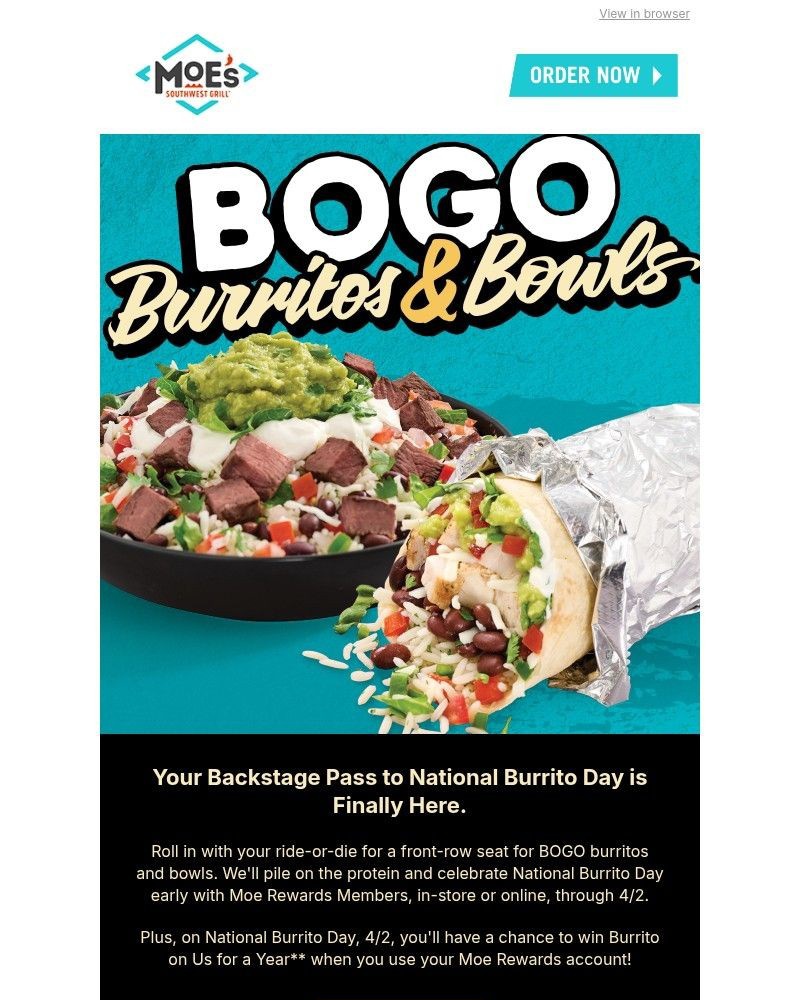 Screenshot of email sent to a Moe’s Southwest Grill Registered user