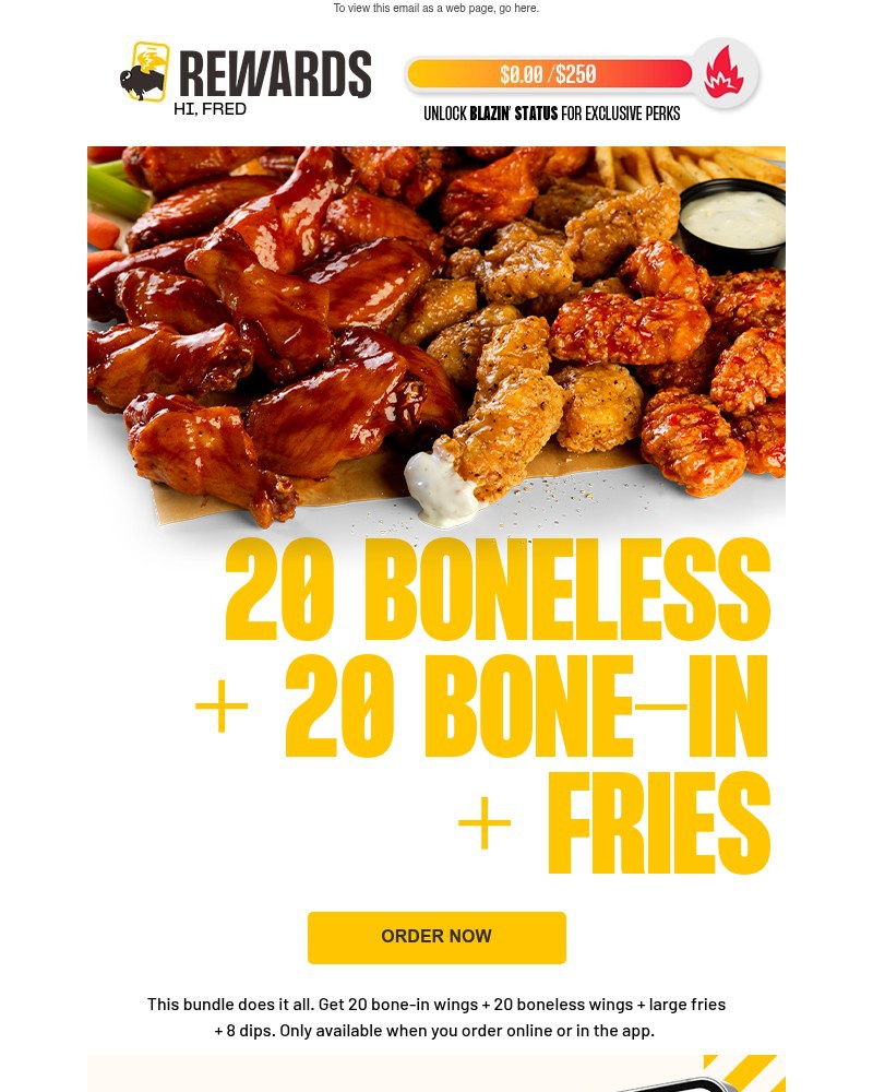 Screenshot of email sent to a Buffalo Wild Wings Registered user