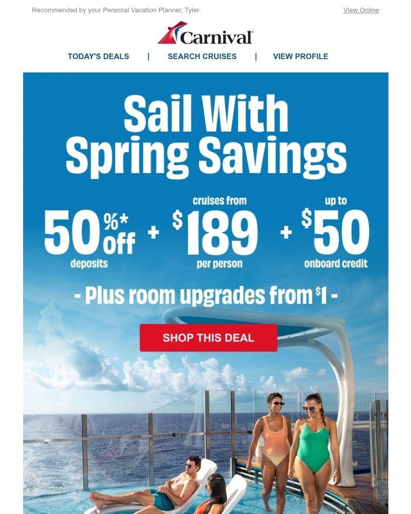 Screenshot of email sent to a Carnival Cruise Line Registered user