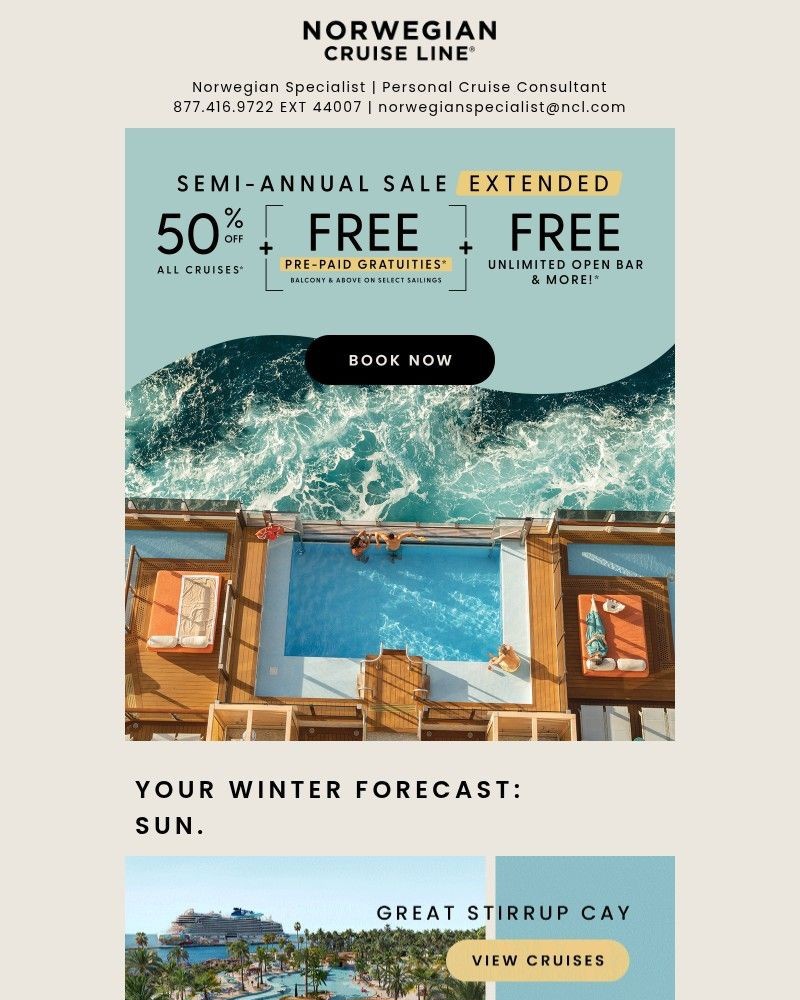 Screenshot of email sent to a Norwegian Cruise Line Newsletter subscriber
