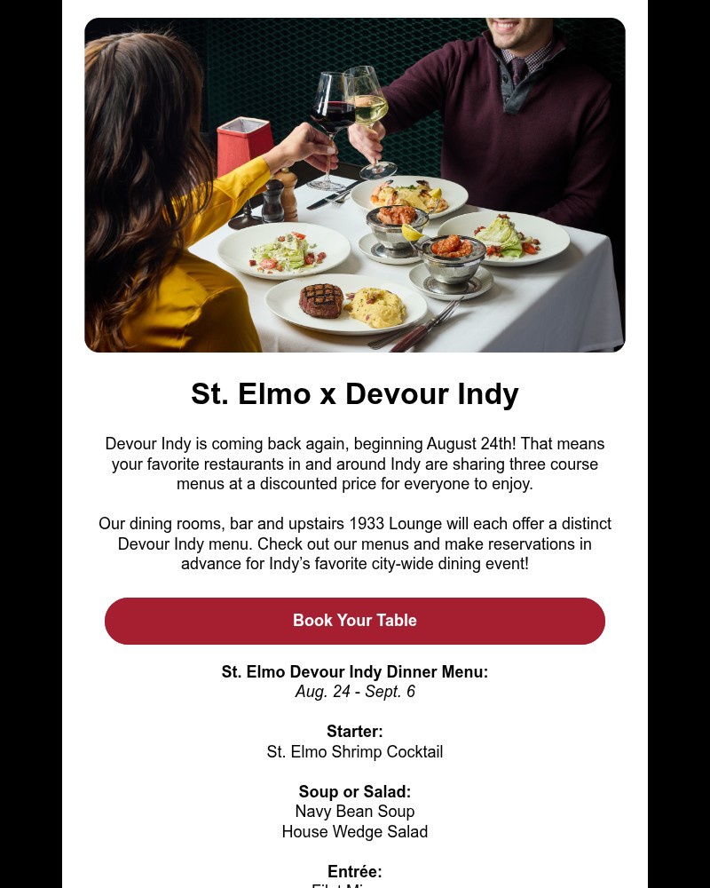 Screenshot of email sent to a St Elmo Steakhouse Newsletter subscriber