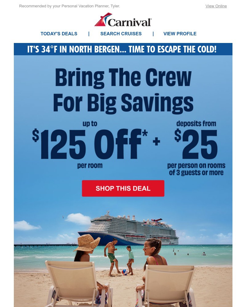 Screenshot of email sent to a Carnival Cruise Line Registered user