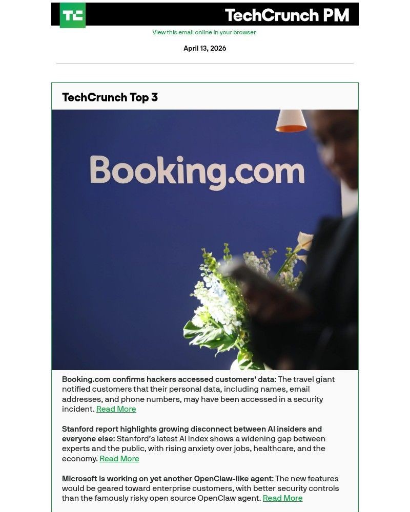 Screenshot of email sent to a Techcrunch Newsletter subscriber