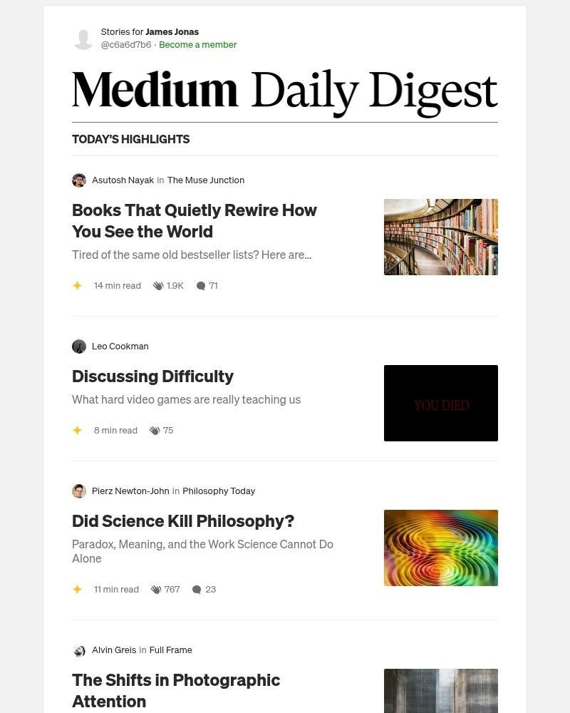 Screenshot of email sent to a Medium Registered user