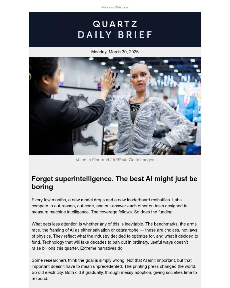 Screenshot of email sent to a Quartz Newsletter subscriber