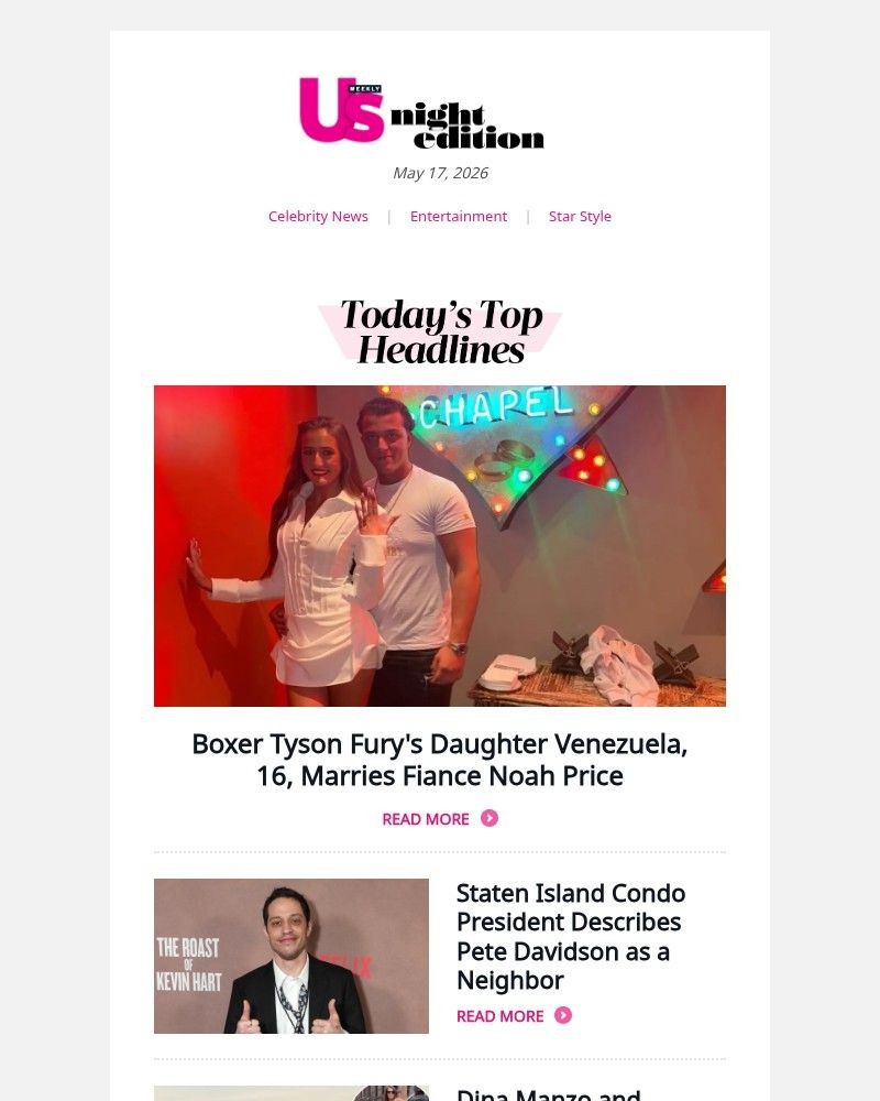 Screenshot of email sent to a Us Weekly Newsletter subscriber