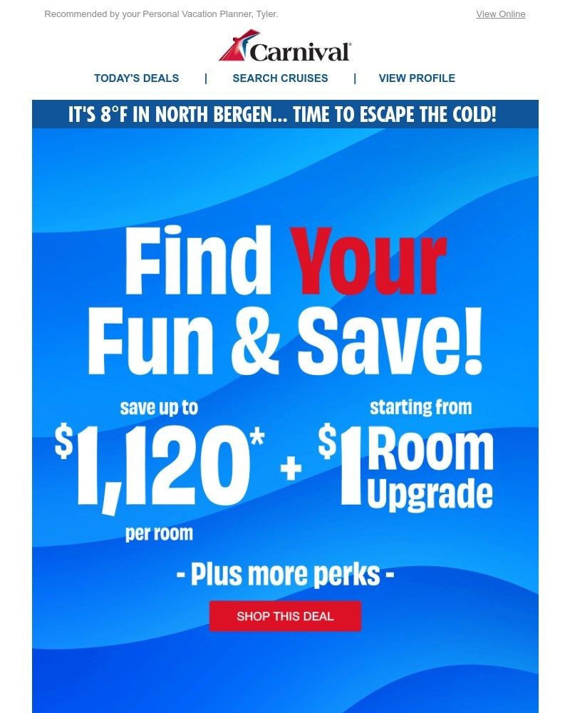 Screenshot of email sent to a Carnival Cruise Line Registered user