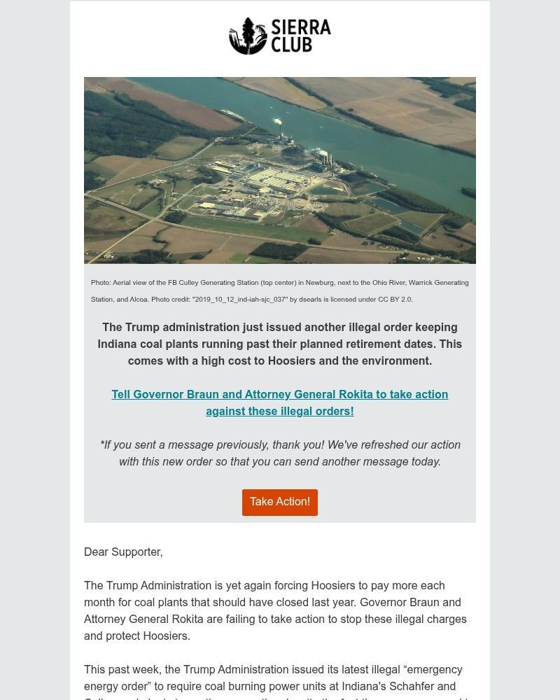 Screenshot of email sent to a Sierra Club Newsletter subscriber