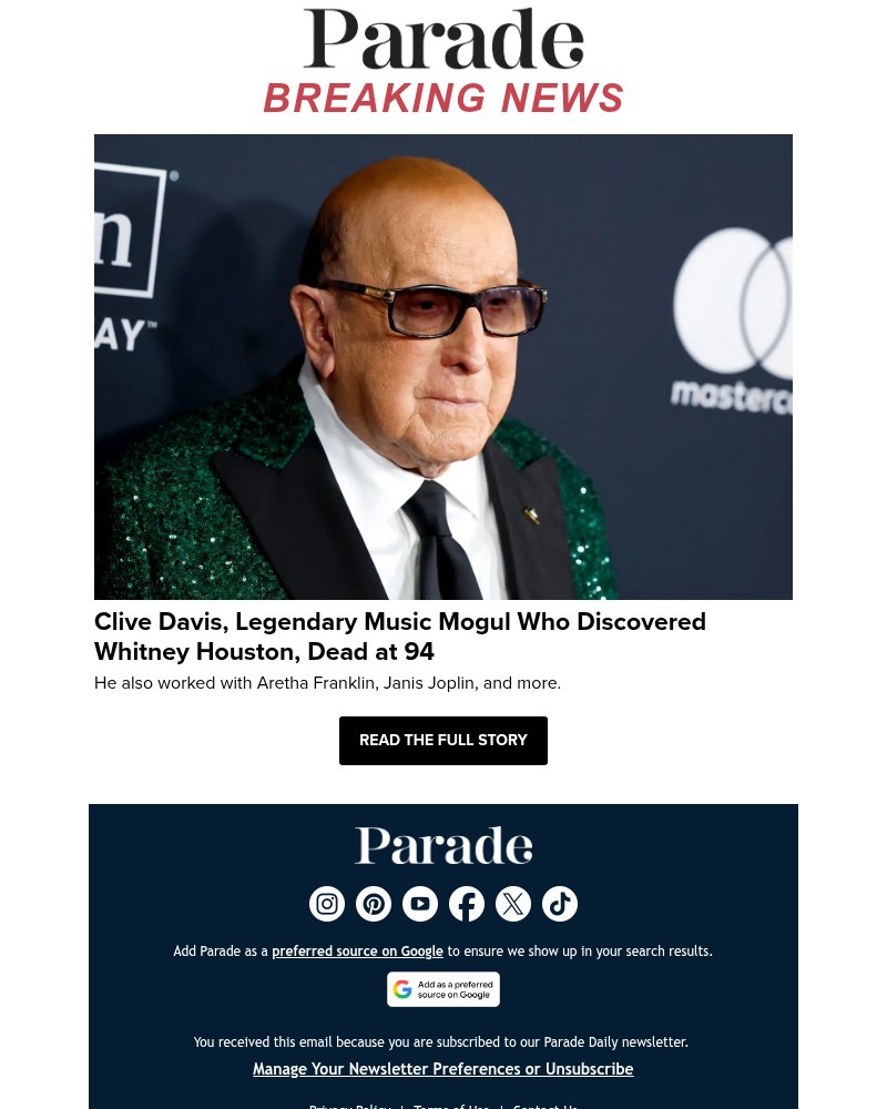 Screenshot of email sent to a Parade Newsletter subscriber