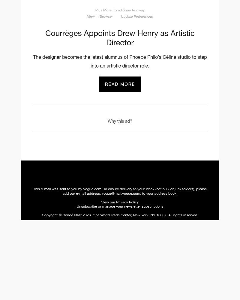 Screenshot of email sent to a Vogue Newsletter subscriber