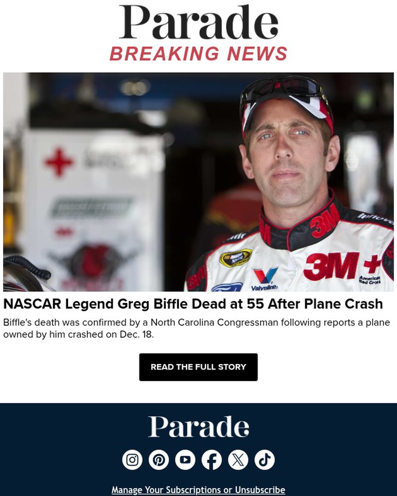 Screenshot of email sent to a Parade Newsletter subscriber