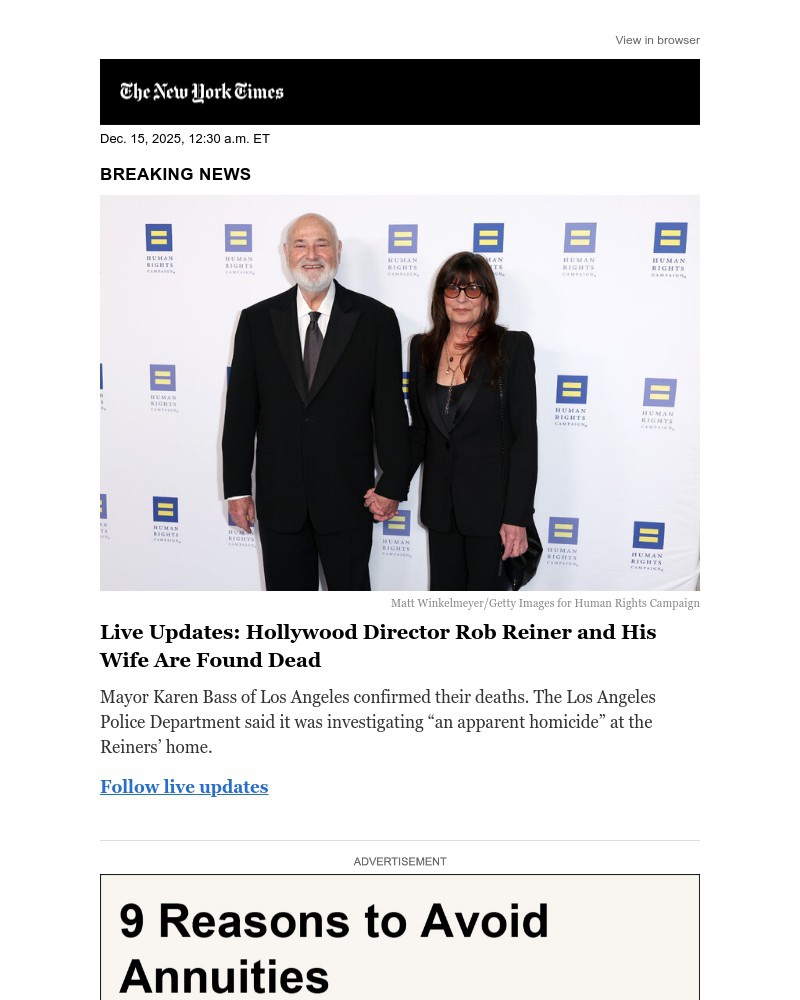 Screenshot of email sent to a The New York Times Customer