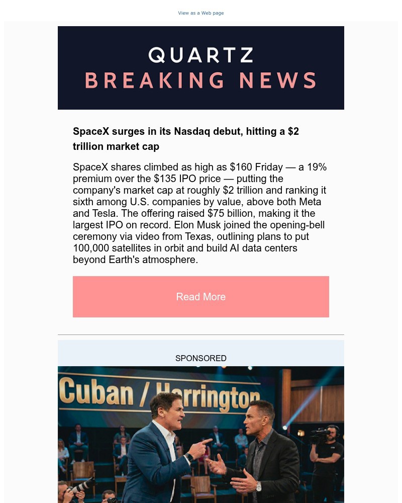 Screenshot of email sent to a Quartz Newsletter subscriber