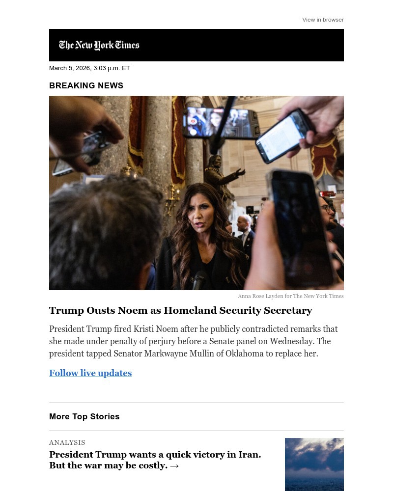 Screenshot of email sent to a The New York Times Customer