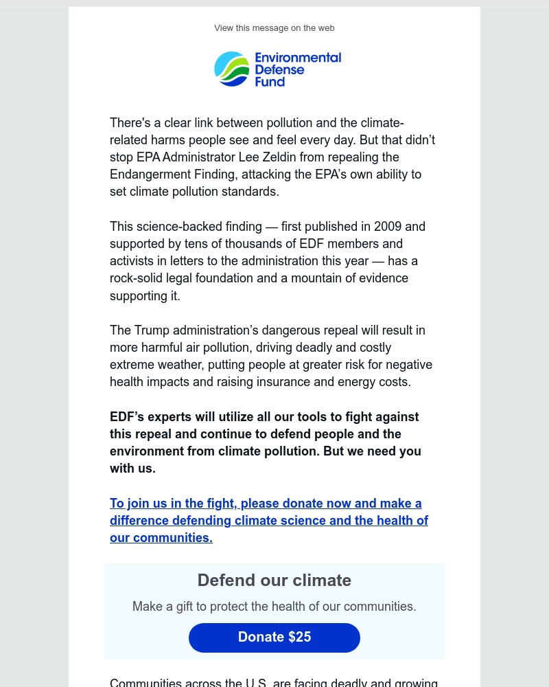 Screenshot of email sent to a Environmental Defense Fund Newsletter subscriber