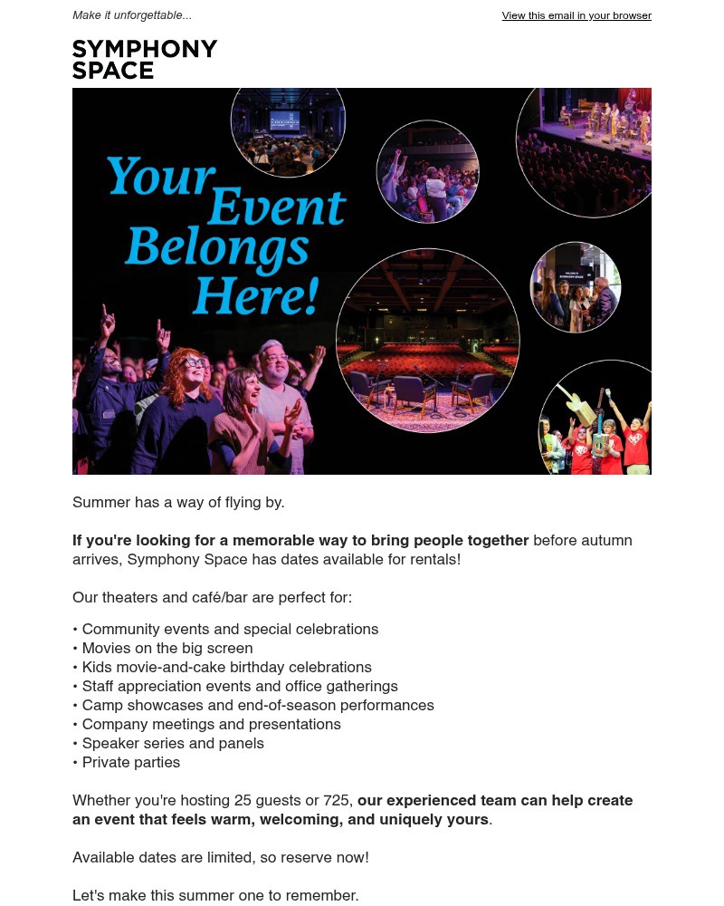 Screenshot of email sent to a Symphony Space Newsletter subscriber