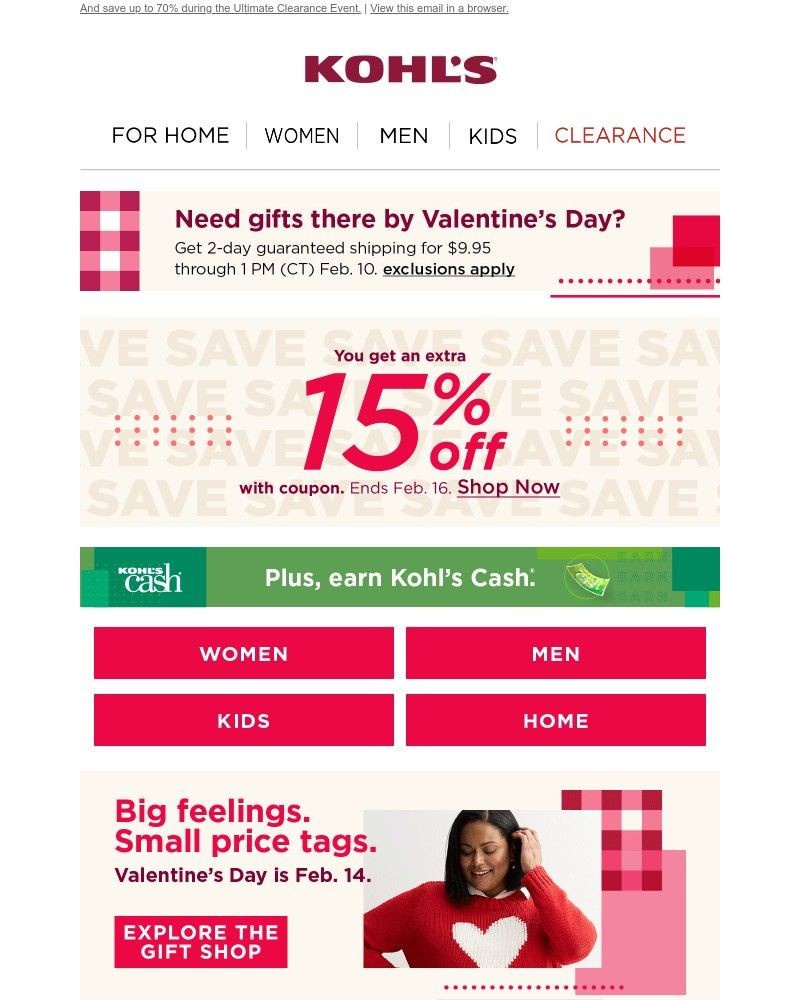 Screenshot of email sent to a Kohls Registered user
