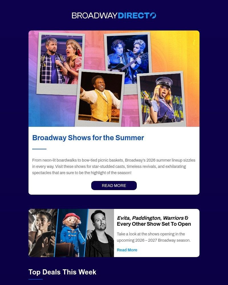 Screenshot of email sent to a Broadway Direct Newsletter subscriber