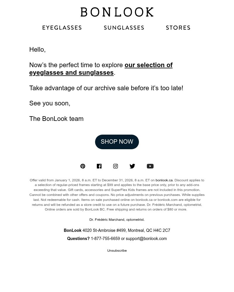 Screenshot of email sent to a Bonlook Newsletter subscriber