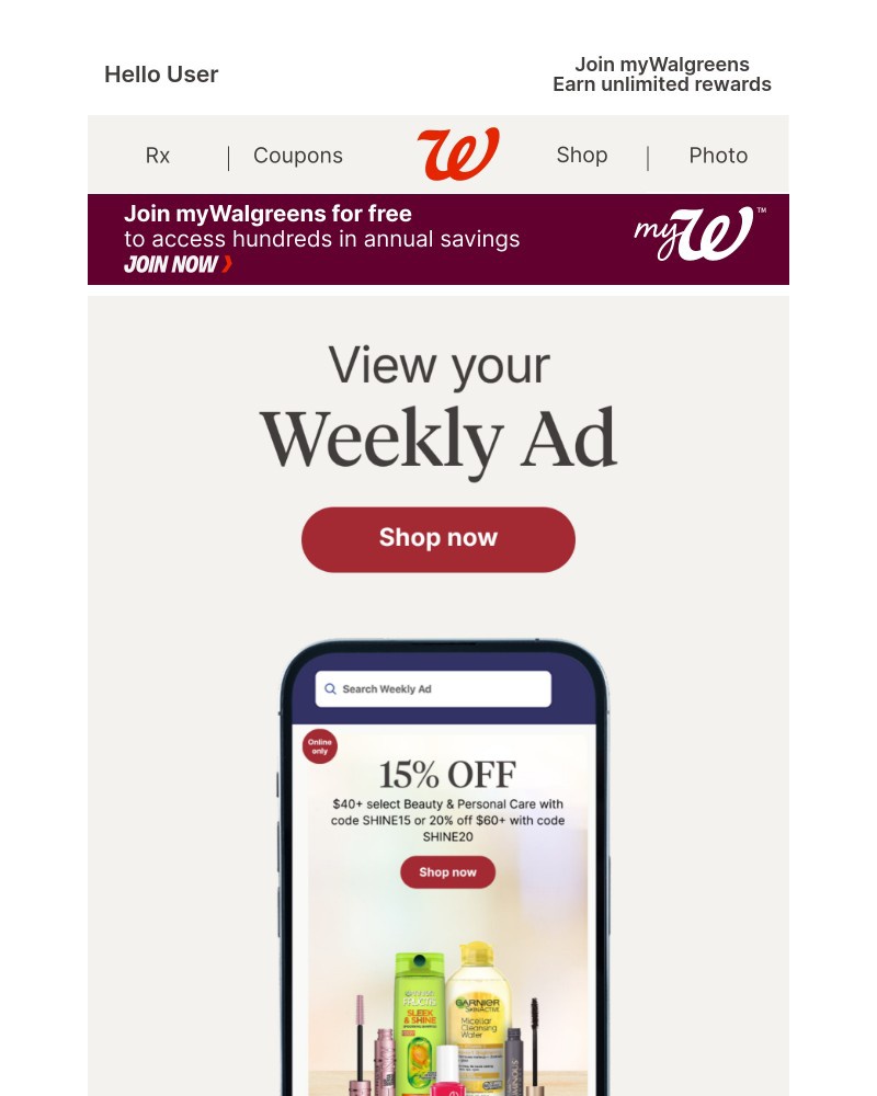 Screenshot of email sent to a Walgreens Registered user