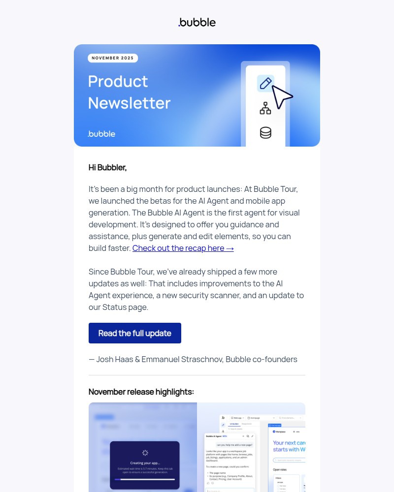 Screenshot of email sent to a Bubble Registered user