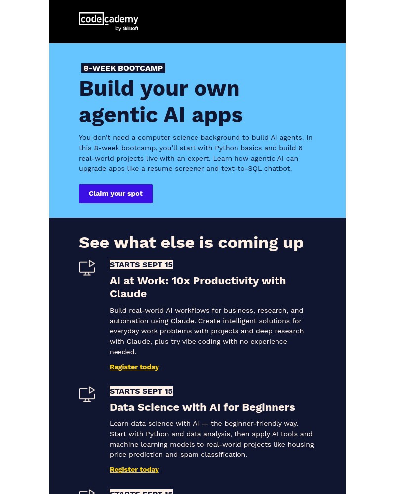 Screenshot of email sent to a Codecademy Registered user