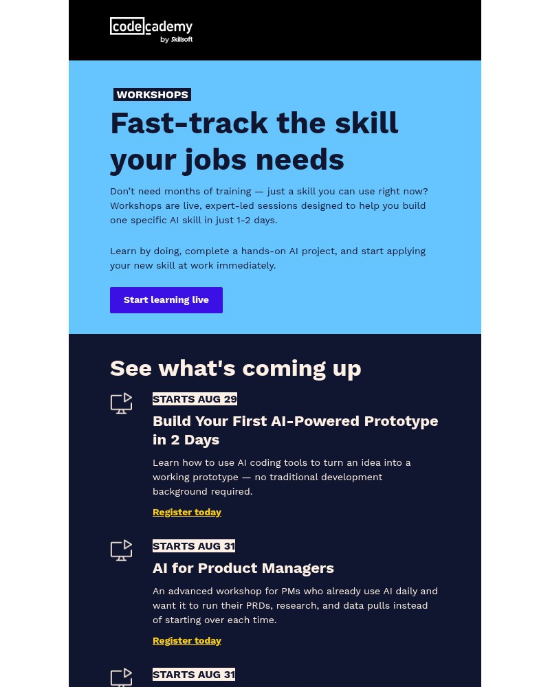Screenshot of email sent to a Codecademy Registered user