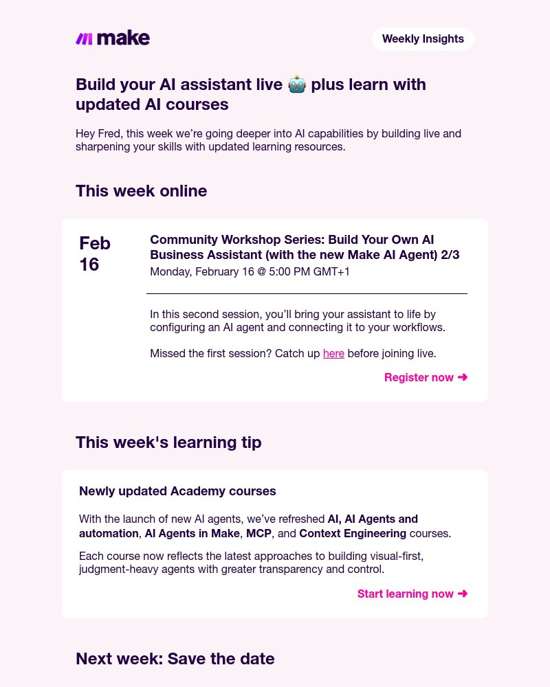 Screenshot of email sent to a Make Trial user